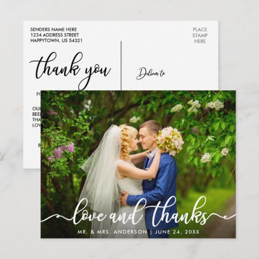 White Script Love en Bedankt | Weddenfoto Briefkaart (Voorkant / Achterkant)