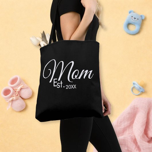 White Script Mom Established New Mom Tote Bag