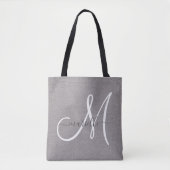 White Script Monogram Grey Linen Tote Bag (Voorkant)