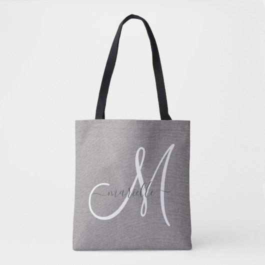 White Script Monogram Grey Linen Tote Bag (Voorkant)