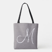 White Script Monogram Grey Linen Tote Bag (Achterkant)