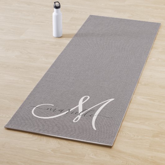 White Script Monogram Grey Linen Yogamat (In situ)