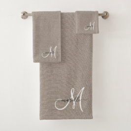 White Script Monogram Taupe Faux Linen Bad Handdoek