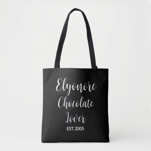 White Script Name Established Chocolate Lover Tote Bag (Voorkant)