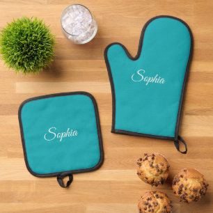 White Script Name of Monogram op Blauwgroen Ovenwant & Pannenlap Set