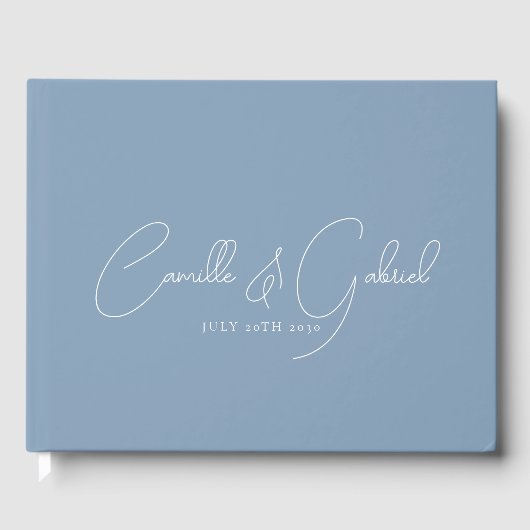 White Script Namen Bruiloft Dusty Blue Gastenboek (Voorkant)
