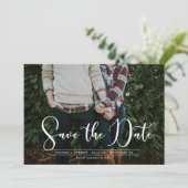 White Script Navy Chevron Foto Save the Date Card (Staand voorkant)