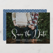White Script Navy Chevron Foto Save the Date Card (Voorkant / Achterkant)