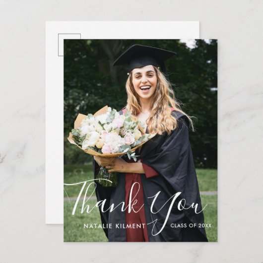 White Script Photo Afstuderen Hartelijk dank Brief Aankondigingskaart (Voorkant / Achterkant)