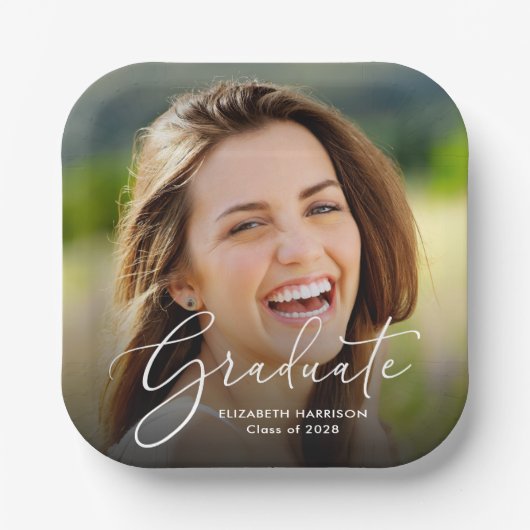 White Script Photo Overlay Graduparty Papieren Bordje (Voorkant)