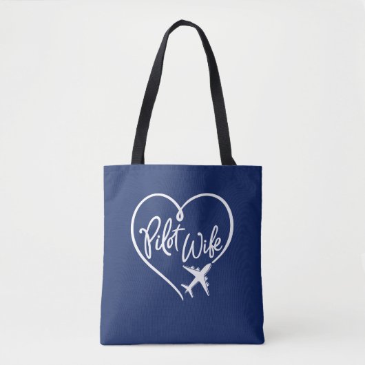 White Script Pilot Wife Looped Heart Plane Navy Tote Bag (Voorkant)