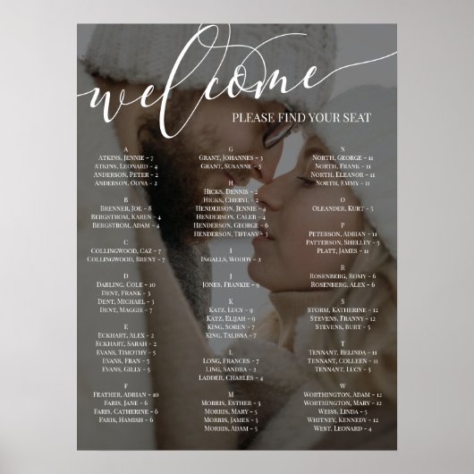 White Script Welcome Photo Wedding Seining Chart Poster (Voorkant)