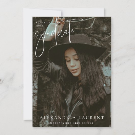 White Scripted Portrait Afstuderen Foto Aankondiging (Voorkant)