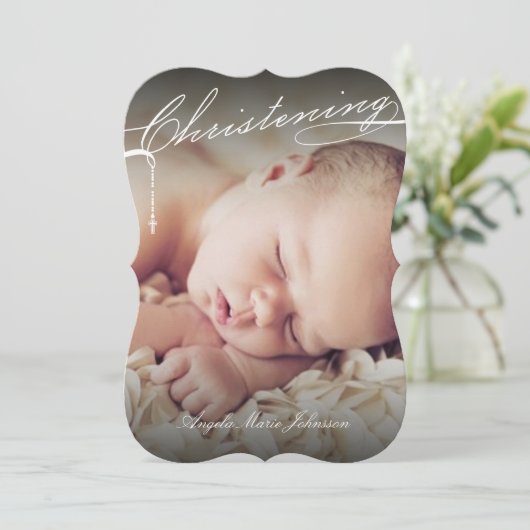 White Scripting Cross Foto Religious Kaart (Staand voorkant)