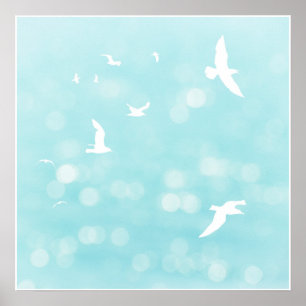 White Seagulls and Blue Bokeh Semi Abstract Beach Poster