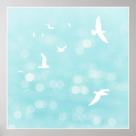 White Seagulls and Blue Bokeh Semi Abstract Beach Poster (Voorkant)