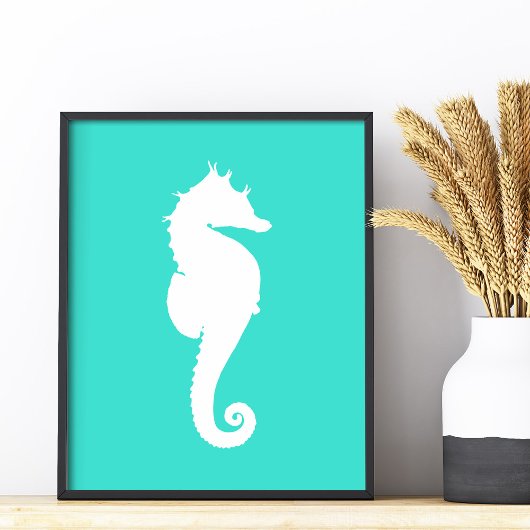 White Seahorse on Turquoise Foto Afdruk