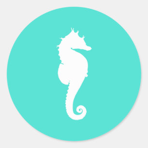 White Seahorse on Turquoise Ronde Sticker
