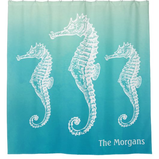 White Seahorse Unique Aqua Blue Ombre Waterverf Douchegordijn (Voorkant)