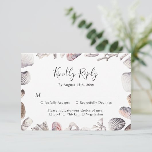 White Seashell Beach Zand Bestemming Bruiloft RSVP Kaartje (Staand voorkant)