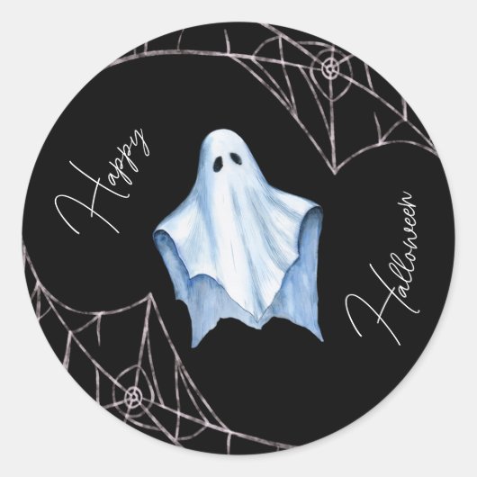White Sheet Ghost & Cobwebs Zwart Halloween Gotisc Ronde Sticker (Voorkant)