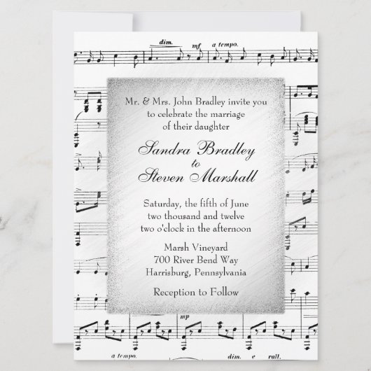 White Sheet Music Wedding Theme Uitnodiging (Voorkant)