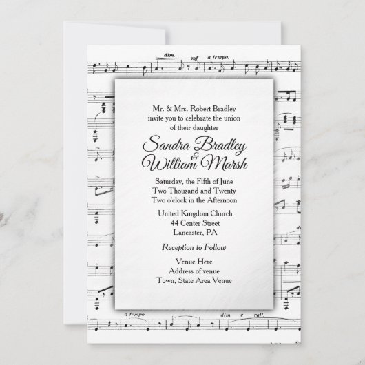 White Sheet Music Wedding Theme Uitnodiging (Voorkant)