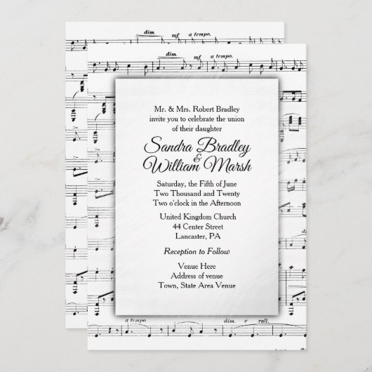 White Sheet Music Wedding Theme Uitnodiging (Voorkant / Achterkant)