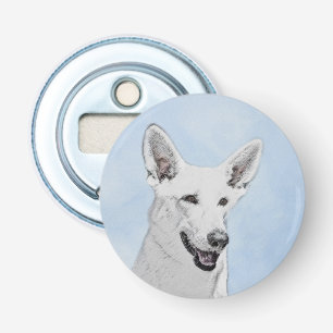 White Shepherd Painting - Cute Original Dog Art Button Flesopener