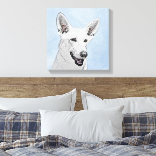 White Shepherd Painting - Cute Original Dog Art Canvas Afdruk (Insitu (Slaapkamer))