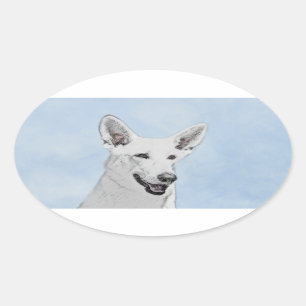 White Shepherd Painting - Cute Original Dog Art Ovale Sticker