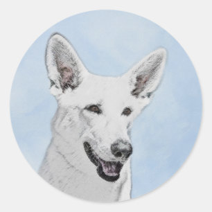 White Shepherd Painting - Cute Original Dog Art Ronde Sticker