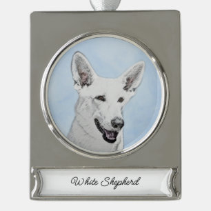 White Shepherd Painting - Cute Original Dog Art Si Verzilverd Banner Ornament