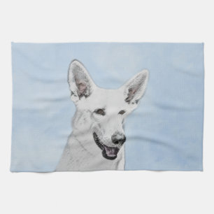 White Shepherd Painting - Cute Original Dog Art Theedoek