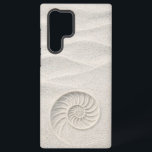 White Shimmer Sand Nautilus Shell Coastal Samsung Galaxy Hoesje<br><div class="desc">Experience "Quiet Luxury" with this elegant phone case, featuring a high-detail nautilus shell impression in rippled, pearlescent white sand. Designed with our signature bottom-weighted layout, this case ensures the artwork remains perfectly visible and clear of all camera lenses on modern flagship phones. A sophisticated choice for ocean lovers and minimalist...</div>