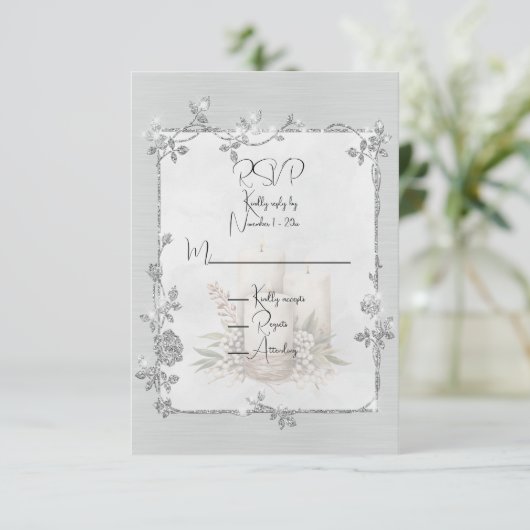 White Shiny Elegant Sparkly Frame RSVP Kaartje (Staand voorkant)