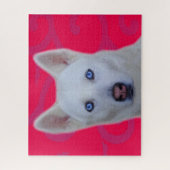 White Siberian Husky Jigzaag Puzzle (Roze BG) Legpuzzel (Verticaal)