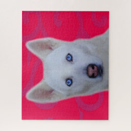 White Siberian Husky Jigzaag Puzzle (Roze BG) Legpuzzel
