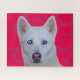 White Siberian Husky Jigzaag Puzzle (Roze BG) Legpuzzel
