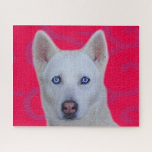 White Siberian Husky Jigzaag Puzzle (Roze BG) Legpuzzel (Horizontaal)