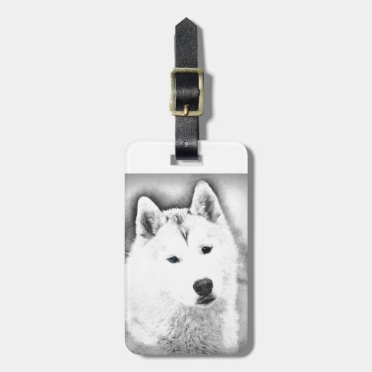 White Siberian Husky met Blue Eyes Fine Art Sketch Bagagelabel (Voorkant verticaal)