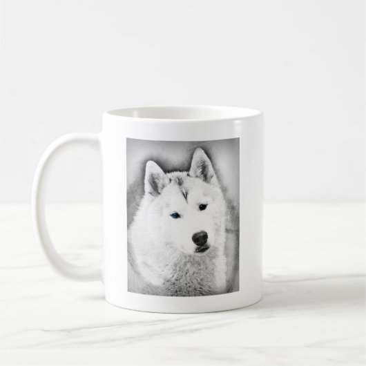 White Siberian Husky met Blue Eyes Fine Art Sketch Koffiemok (Links)