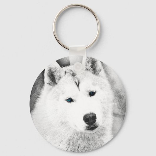 White Siberian Husky met Blue Eyes Fine Art Sketch Sleutelhanger (Voorkant)