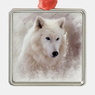 WHITE SIBERIAN HUSKY. METALEN ORNAMENT