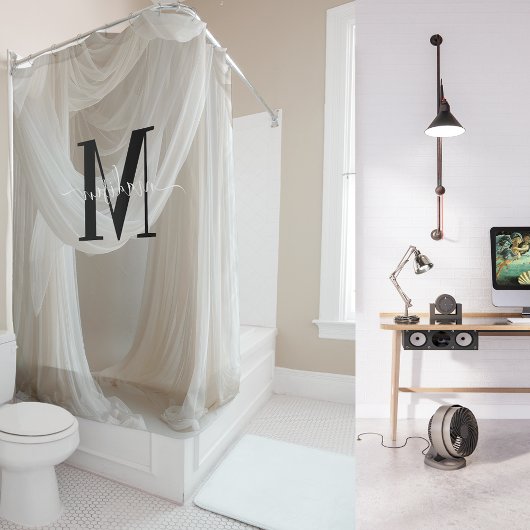 White Silk Black Bold Monogram Schattige Script We Douchegordijn