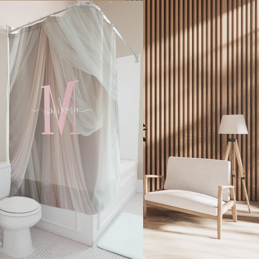 White Silk Pink Monogram Elegant Script Wedding Douchegordijn