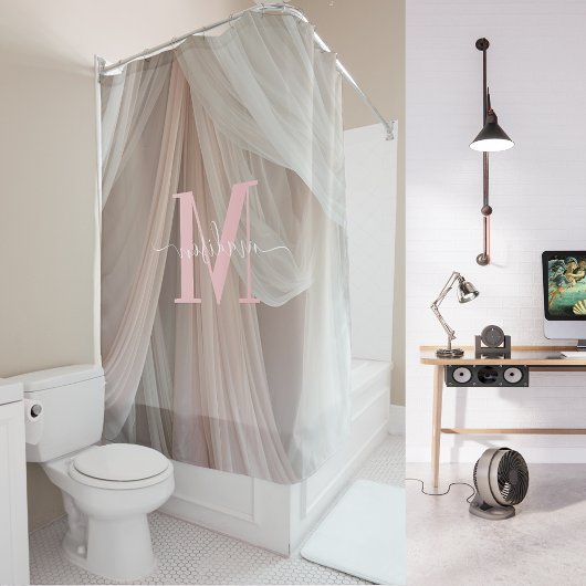 White Silk Pink Monogram Elegant Script Wedding Douchegordijn