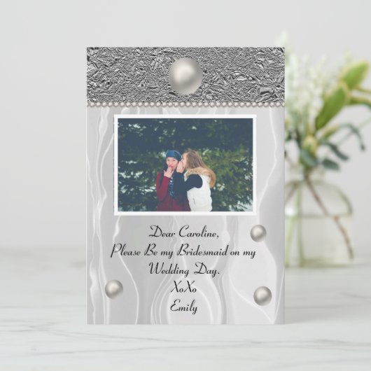 White Silk & Silver Foil met foto van Bridesmaid Kaart (Staand voorkant)