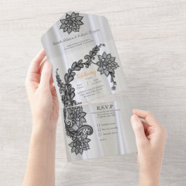 White silk with Black lace  All In One Uitnodiging