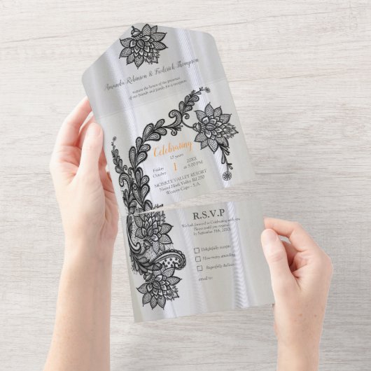 White silk with Black lace All In One Uitnodiging (Afscheurbaar)